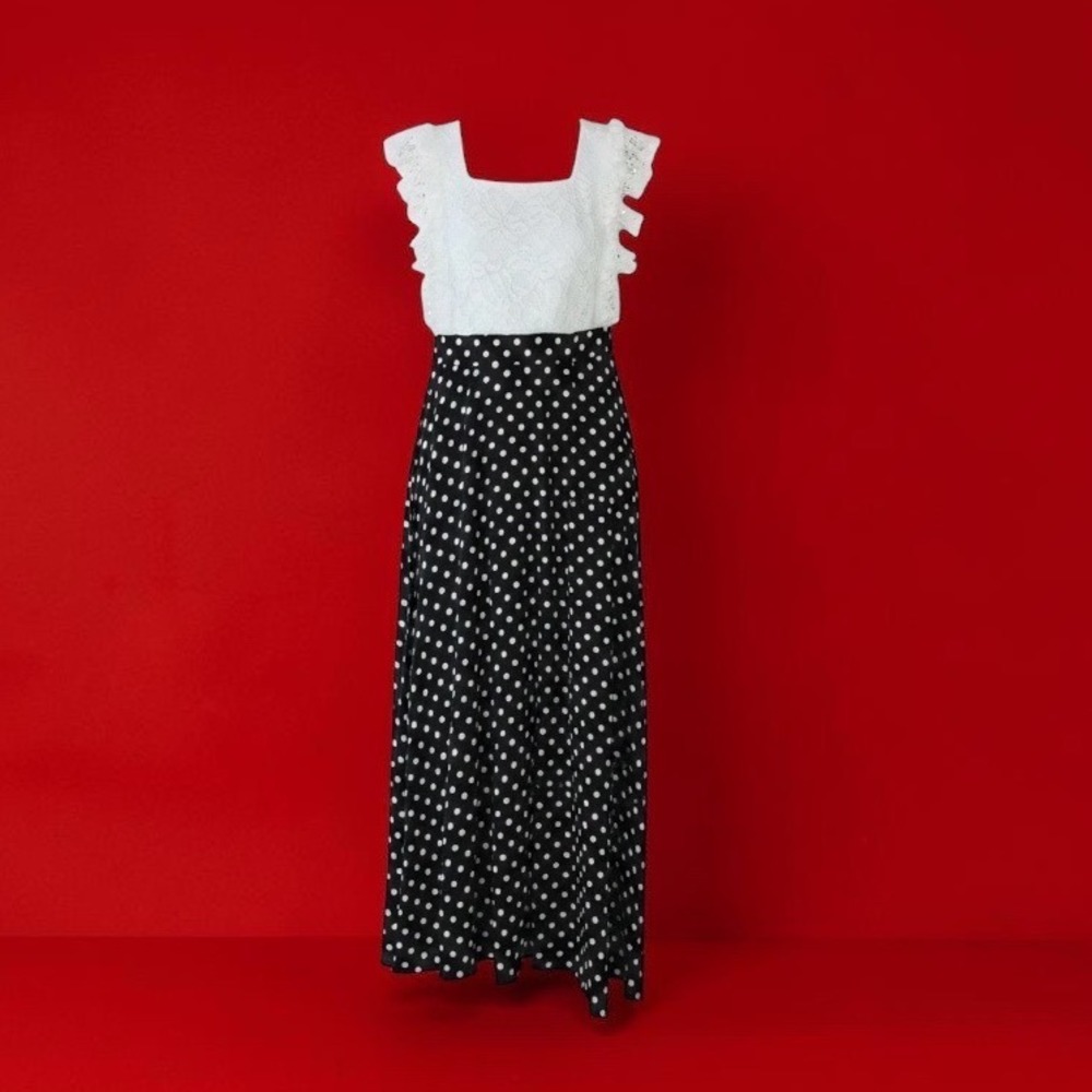 Made With Love White Lace Black Polka Dot Ruffle Maxi Dress XL NEW